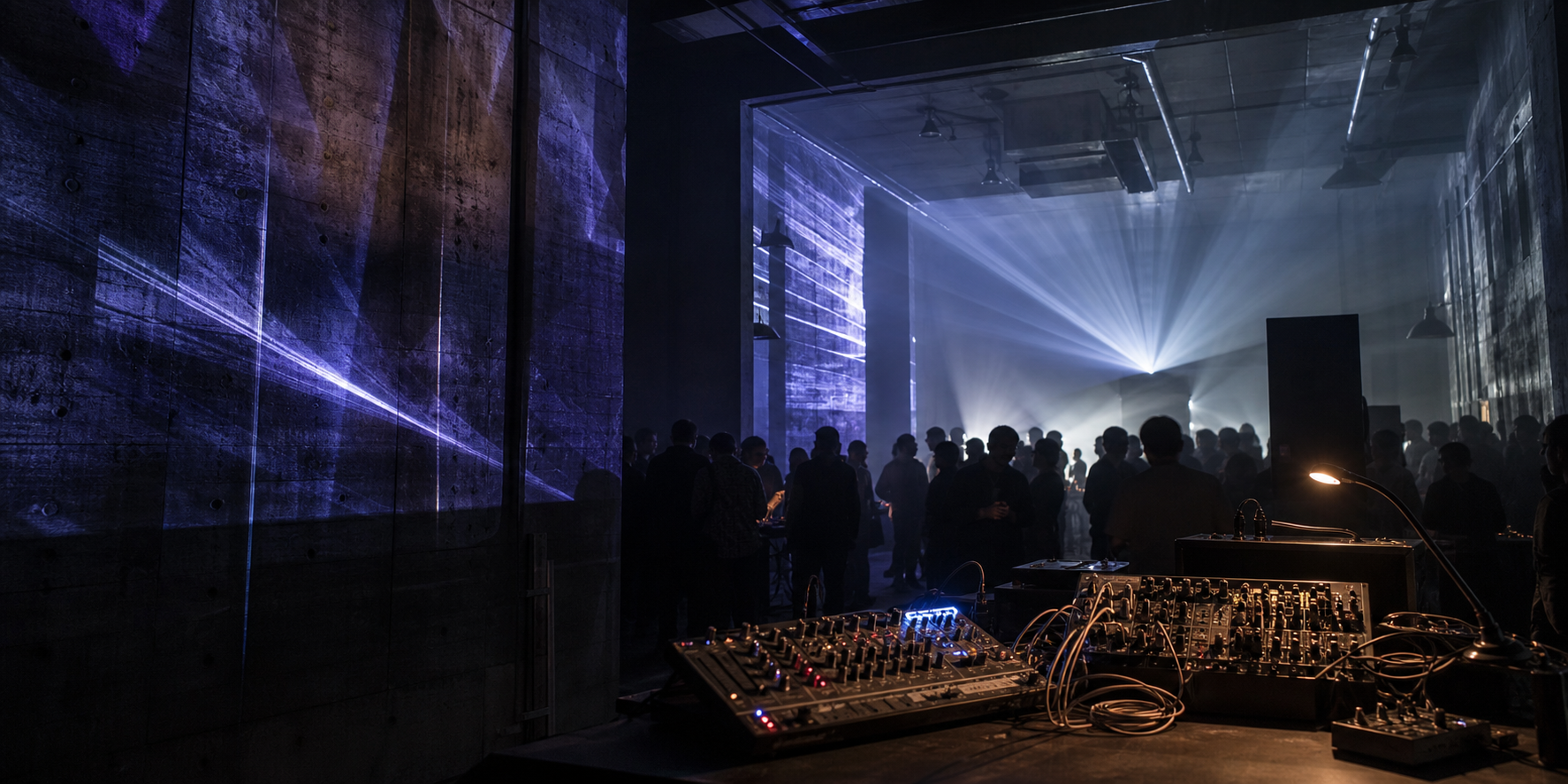 An audiovisual performance filling an industrial room with blue light.